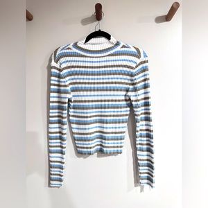 Striped mock turtle neck long sleeve ribbed shirt
